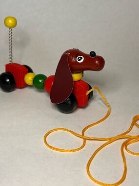Beaded Wooden Small Kids Pull Toy Dog Dachshund Retro Folk Art Whimsical